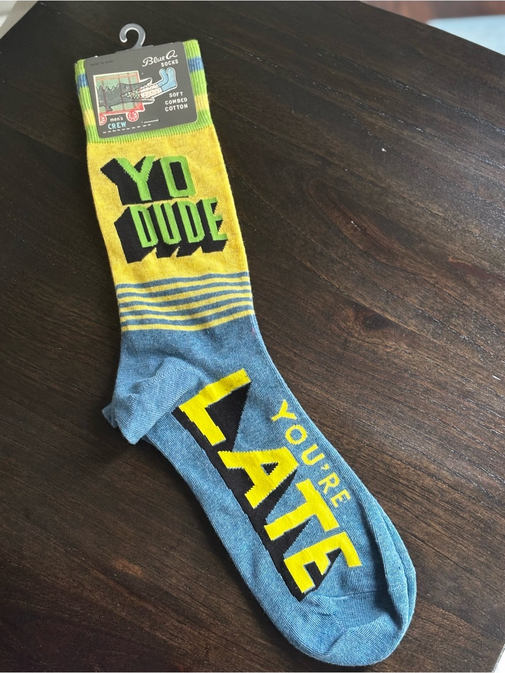 Blue Q 'Yo Dude You’re Late’ Crew Socks - Yellow & Blue